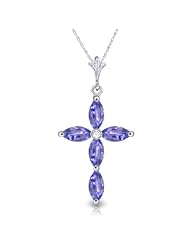 14K Gold Cross Necklace with Genuine Diamond & marquise-shaped Natural Tanzanites