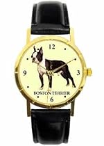 Boston Terrier watch classic size 1.1/4 inch dial. Gold tone case Black leather band.