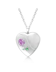Heart Shaped Necklace Locket w/ Colored Flower Sterling Silver