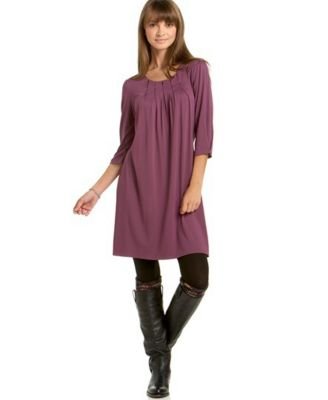 Pink Rose Three-Quarter Sleeve Scoop-Neck Dress with Pleat Detail