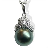 18K white gold Leaf Black Tahitian cultured pearl and diamond pendant