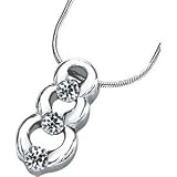 14K White Gold Created Moissanite 3 Stone Pendant Slide On 18 Inch Round Snake Chain