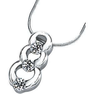 14K White Gold Created Moissanite 3 Stone Pendant Slide On 18 Inch Round Snake Chain