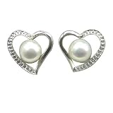 Heart Shaped Silver Stud Earrings w. White Cultured Pearl
