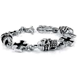 Bracelet with Skulls and Crosses - Polished Stainless Steel - 8.5'' length