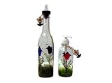ArtisanStreet's Birdhouse Bottle & Soap Dispenser Set. Features Red & Blue Wren Houses in a Tree. Set of Two Bottles. Use For Oil, Soap, Lotion. Made to Order & Signed by Artisan.