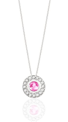 ELEGANT CREATED PINK SAPPHIRE & GENUINE DIAMOND BEZEL SET 14K WHITE GOLD PENDANT