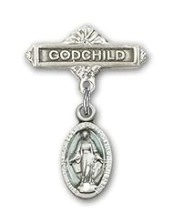 Sterling Silver Baby Badge with Blue Miraculous Charm and Godchild Badge Pin
