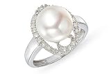 1/8 Carat Diamond and Cultured Freshwater Button Pearl 14K White Gold Ring