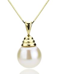 14k Yellow Gold 10-11mm Perfect Round White Cultured Freshwater Hand-picked Pearl High Luster Pendant with 18" Length Box Chain Necklace AAA Quality. Includes Gifbox with Ribbon.