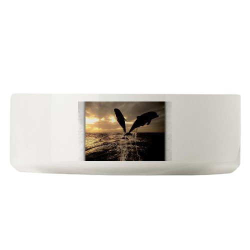 Large Dog Cat Food Water Bowl Dolphins Flying in Sunset