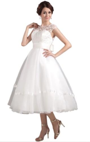 Biggoldapple A-Line/Princess Bateau Tea-Length Backless Lace/Sash/Bowknot Wedding Dress(11010026) 4 White