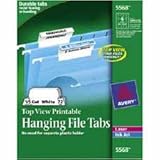 Avery 5568 Printable top view hanging file tabs on 8-1/2 x 11 sheets, 1/5 cut, 72 tabs/pack