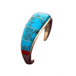 Turquoise and Coral Inlay Bracelet by 