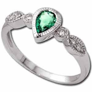 14K White Gold Tear Drop Style Emerald And Diamond Ring