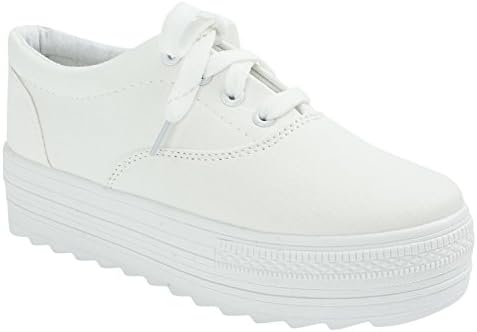 Womens Ladies Canvas Lace Up Platform Sneakers,White, US 7.5,B(M)