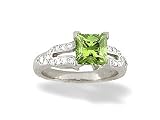 14K White Gold Genuine Square Peridot and Diamond Engagement Ring