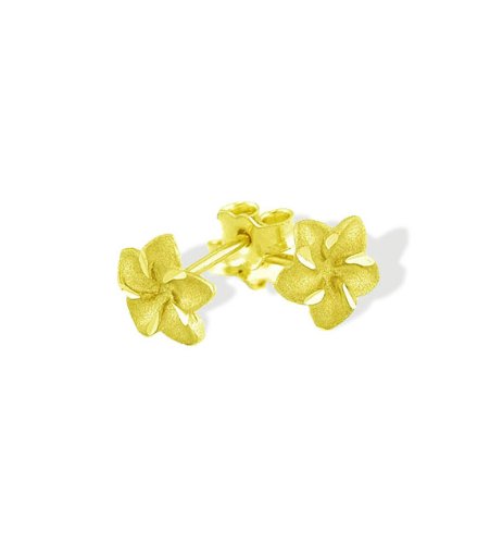 14k Yellow Gold Satin Hawaiian Flower Stud Earrings