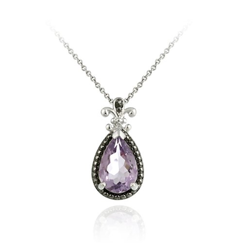 Sterling Silver 2.75ct TGW Amethyst and Black Diamond Accent Pear Shaped Pendant