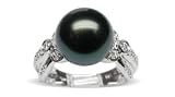 Size 7 18K white gold Pocahontas Black Tahitian cultured pearl and diamond ring