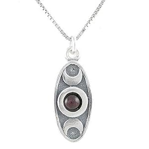 Double Sided Oval Triple Moon Pendant / Necklace with Rede Inscription in Sterling Silver with a Garnet Gemstone on an 18" Rhodium and Sterling Box Chain for Men or Women, #8129