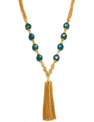 Rachel Reinhardt "Kate" 14k Gold Plated Multi-Chain Necklace with Gold Veined Turquoise Beads and Gold Tassel