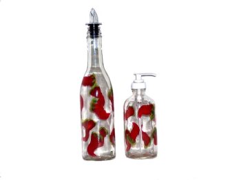 ArtisanStreet's Red Chili Pepper Design Pour Bottle & Soap Pump Dispenser Set. Hand Painted & Signed