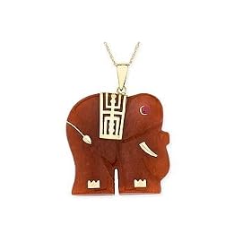 14K Yellow Gold Red Jade and Ruby Elephant Pendant w Chain by Jade Birthstones