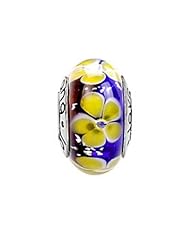 Murano Glass Red and Blue Background with Yellow Flower Charm on Sterling Silver , Fits Pandora, Jovana Bracelet