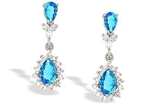14K White Gold Genuine Pear Blue Topaz and Diamond Dangle Drop Earrings