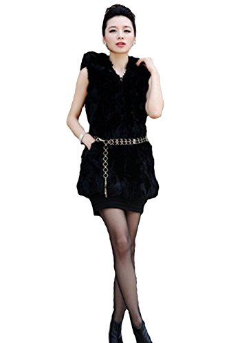 QUEENSHINY レディーズ ラビットファー100% フード付 ロング丈 毛皮 コート ベスト