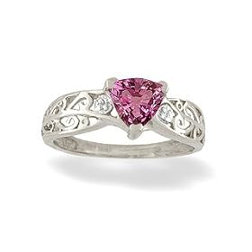 14K White Gold Genuine Trillion Pink Tourmaline and Diamond Filligree Ring by Jewels For Me