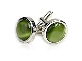 Timeless Round Olive Green Cateye Cufflinks Framed in Silver with Presentation Box