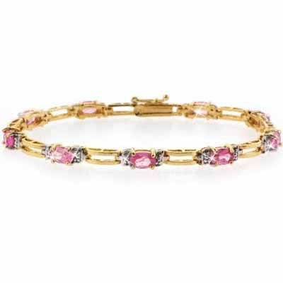 18K Gold over Sterling Silver Genuine Diamond Accent and oval Pink Sapphire Tennis Bracelet