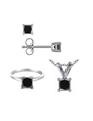 1 CT Princess Cut Black Diamond Set 14K White Gold - Ring, Pendant & Earrings