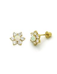 14K Gold Stud Screwback Earring Opal and CZ Cluster Flower Yellow Gold Earring with Screw Back