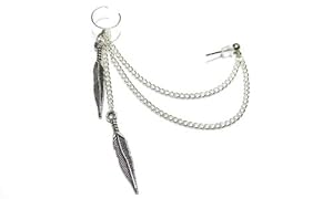 Silver Feather Dangle Chain Ear Cuff Earring Handmade