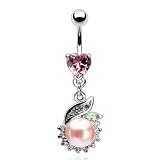 Stainless Steel Heart Shape Prong Set 8mm Pink Coated Pearl Cz Dangle Belly Button Navel Ring Clear B290
