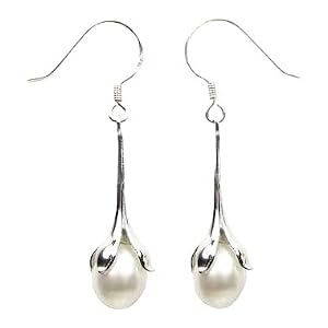Teardrop Freshwater White Pearl Flower Bud Earrings, Sterling Silver