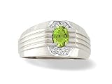 14K White Gold Genuine Oval Peridot and Diamond Men's Ring
