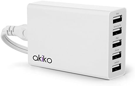 Akiko 50 Watts (5V/10A) 5-Port Family-Sized Wall Charger Multi Port USB Charger Portable Battery Charger for iPhone 4S, 5S, 5C, 4; iPad 4, Mini, Air; Samsung Galaxy Tab 2, 3; Galaxy Note 3, 2; Galaxy S4, S3; HTC One; Smartphones, 5V Tablets, Bluetooth Speakers &amp; Headsets, Power Cord Length:1.5 M - White
