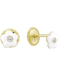 14K Yellow Gold White Enamel & CZ Flower Stud Earrings for Little Girls & Babies