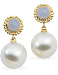 06.00MM/12.00MM Fine Near 18K Yellow Gold South Sea Cultured Pearl & Genuine Chalcedony Earring