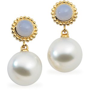 18k S. Sea Cult. Pearl Chalcedony Earring 6mm 12mm Near - JewelryWeb