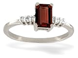 14K White Gold Genuine Emerald-cut Garnet and Diamond Ring