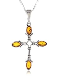 Sterling Silver Honey Amber Gothic Cross Pendant Necklace