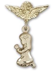 14kt Gold Baby Badge with Praying Girl Charm and Angel w/Wings Badge Pin