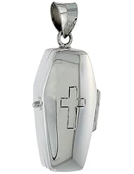 Sterling Silver Coffin Urn Pendant, Ash Container w/ Engraved Crucifix, 1 1/2 inch (40 mm) tall