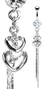 Piercing nombril double coeur coloris argent et gemme crystal