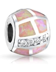 Bling Jewelry 925 Silver Pink Opal Inlay Gemstone Barrel Bead CZ Fits Pandora
